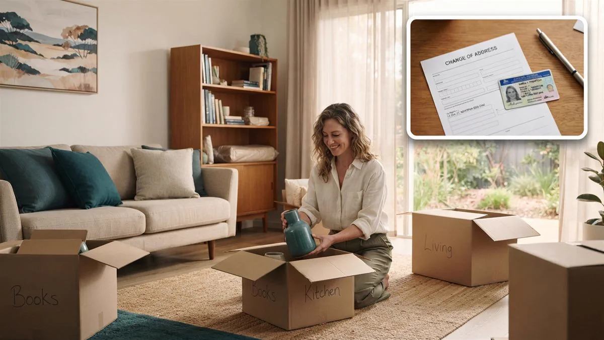 Boxes being unpacked in the front room of an Australian house somebody has returned to live in